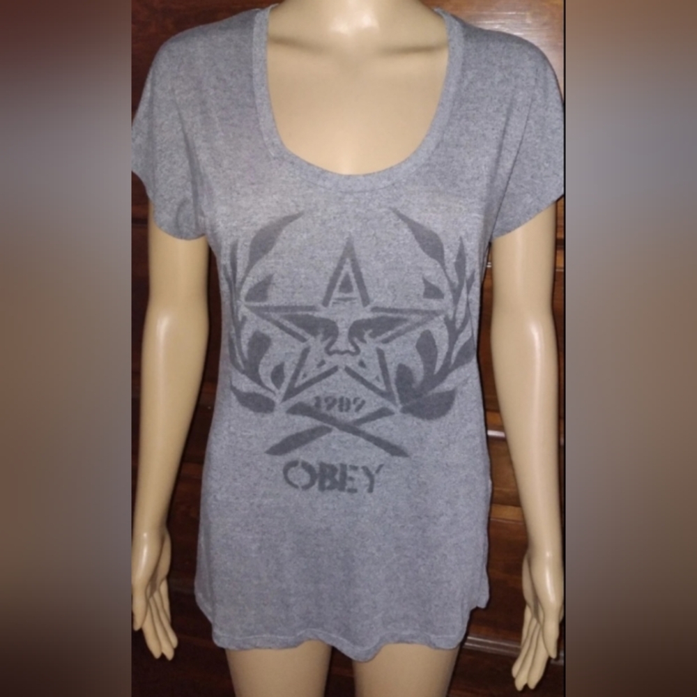 OBEY CLOTHING ladies MEDIUM grey heathered logo tee